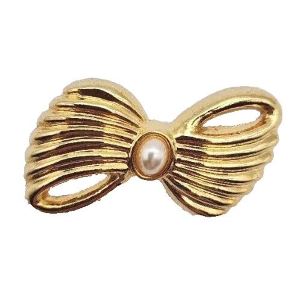 Brooch Goldtone Ribbon Bow Faux Pearl Pin  1 1/8" Vintage AAI Signed & Gift Box